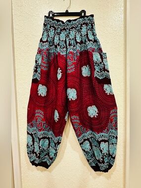 Smocked Waist Red & Teal Elephant Print Harem Pants